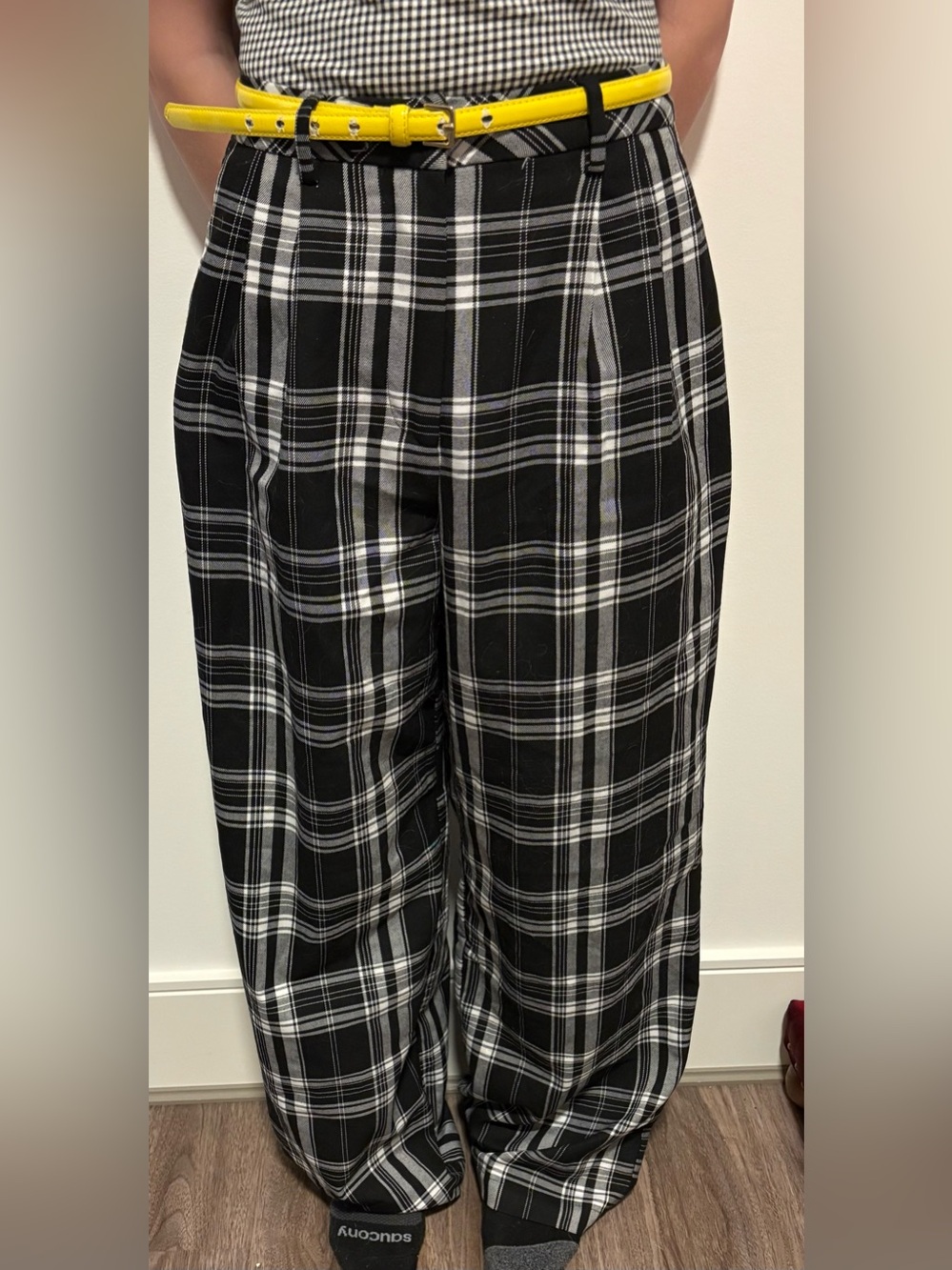 Wide-Leg Plaid Pants with Yellow Belt - Women